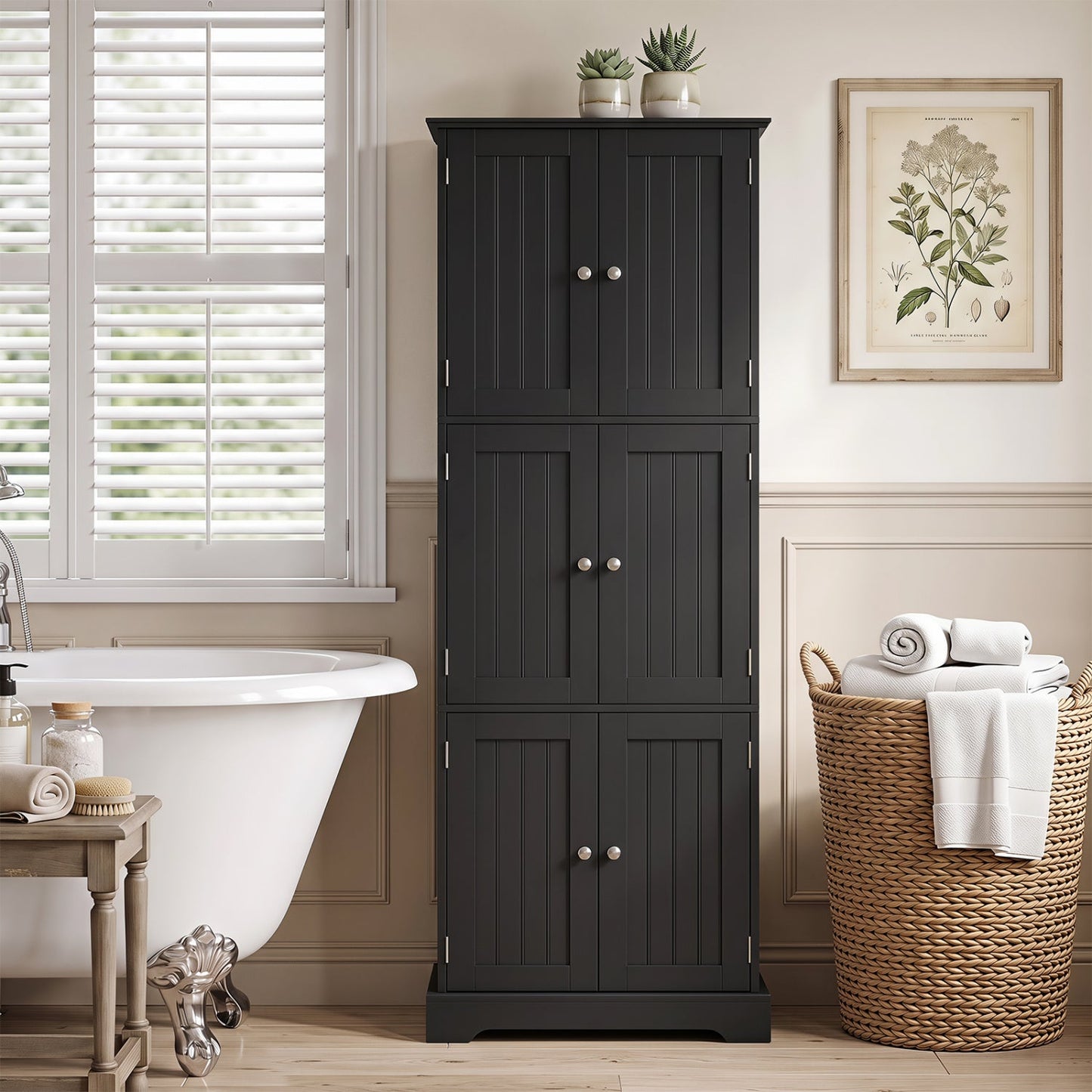 63-Inch Tall Bathroom Storage Cabinet with 6 Doors in black with silver knobs beside a bathtub on Tampa Home & Garden Store