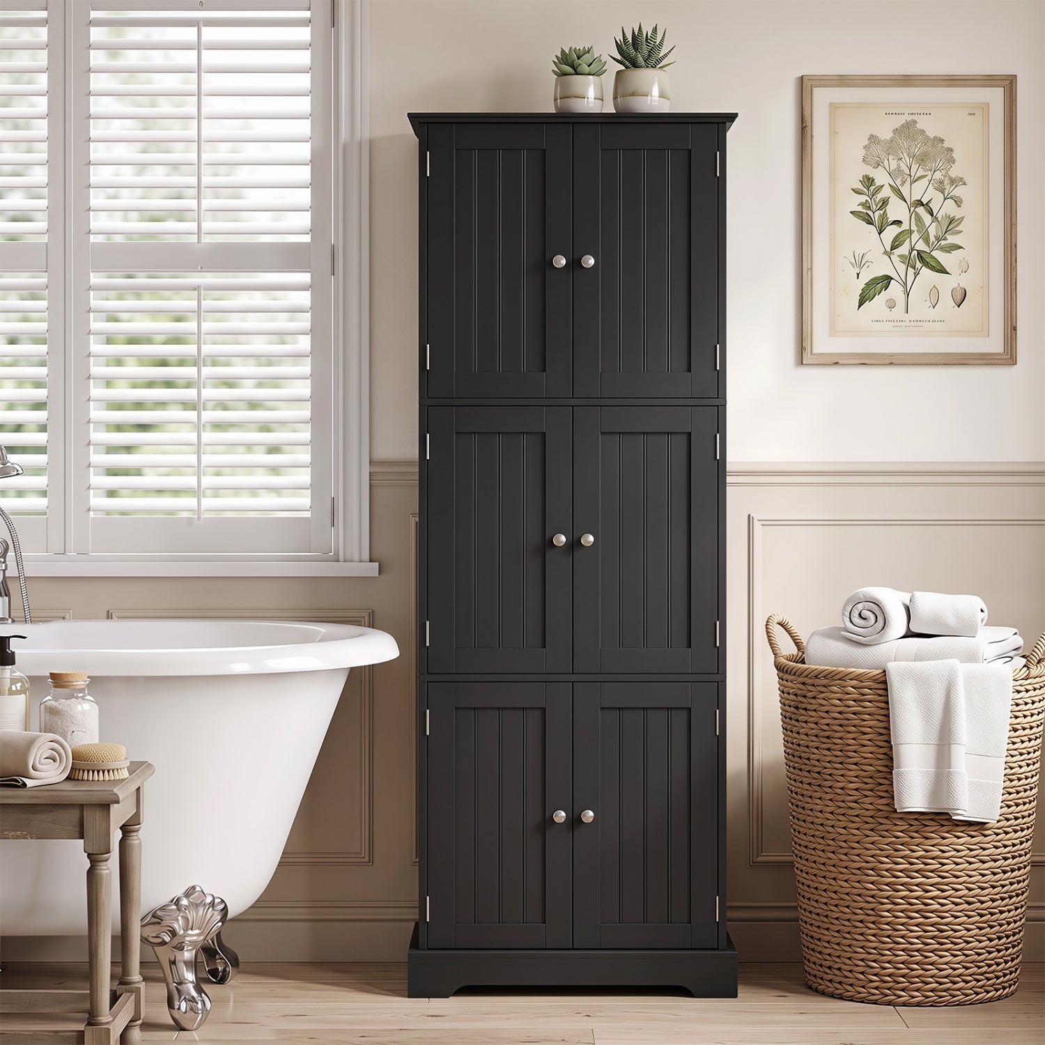 63-Inch Tall Bathroom Storage Cabinet with 6 Doors in black with silver knobs beside a bathtub on Tampa Home & Garden Store