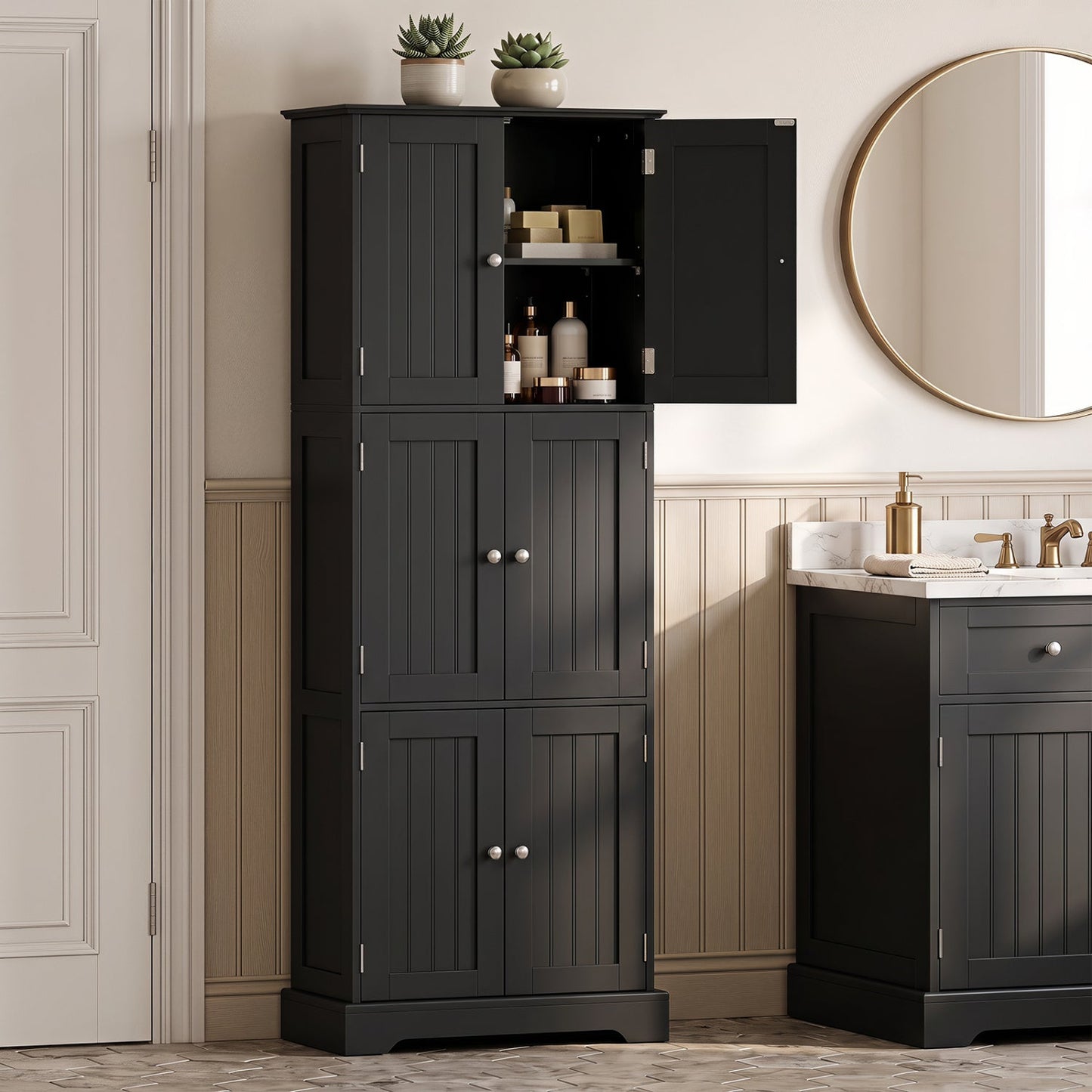 63-Inch tall bathroom storage cabinet with 6 doors in charcoal gray, cabinet stores toiletries on Tampa Home & Garden Store