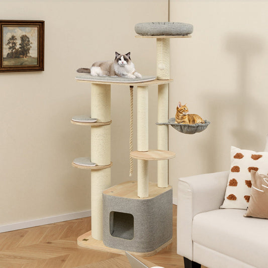 63 Inch Tall Cat Tree Modern Wooden Cat Tower with Perch Condo Hammock-Gray - Tampa Home & Garden Store