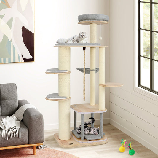 63 Inch Tall Cat Tree Modern Wooden Cat Tower with Perch Condo Hammock-Gray - Tampa Home & Garden Store