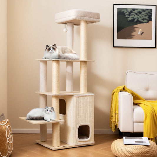 63 Inch Tall Wooden Cat Tree with 2-Story Condo and Plush Padded Top Perch-Natural - Tampa Home & Garden Store