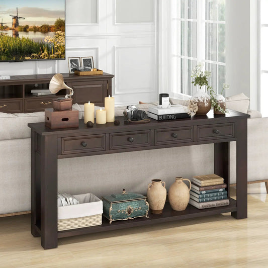 63 Inch Farmhouse Entryway Table With Storage espresso finish with four drawers and open shelf on Tampa Home & Garden Store