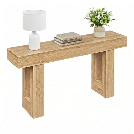 63-Inch Long Farmhouse Console Table with Storage in oak finish, lamp and books DirectDeals on Tampa Home & Garden Store