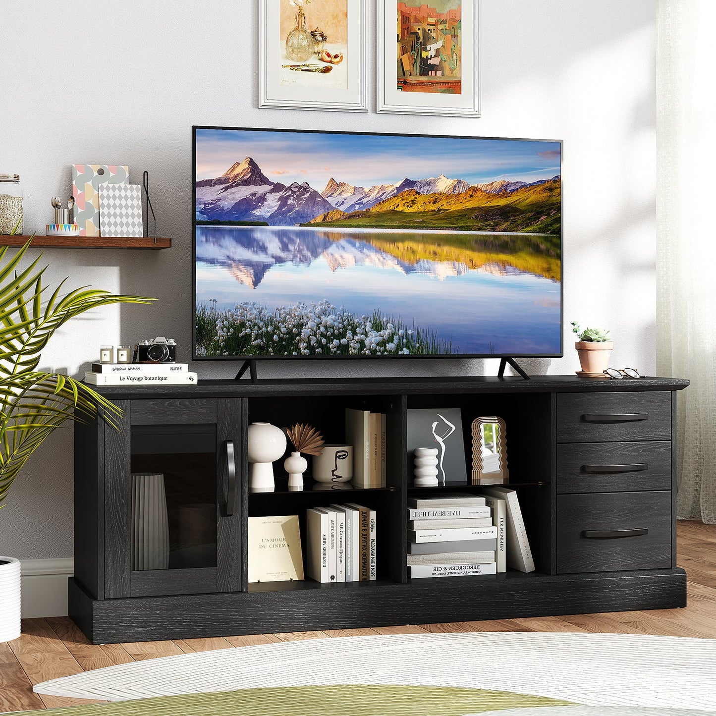 Mesa Consola de TV de 63 Pulgadas con 3 Cajones y 2 Estantes de Vidrio - Negra