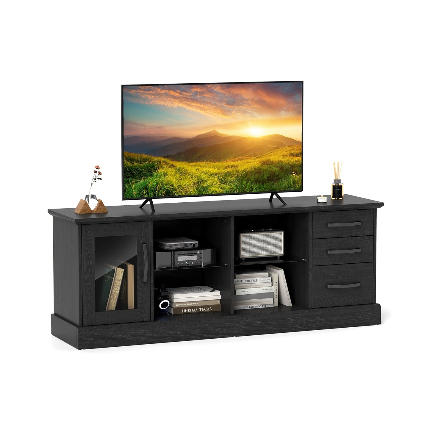 Mesa Consola de TV de 63 Pulgadas con 3 Cajones y 2 Estantes de Vidrio - Negra