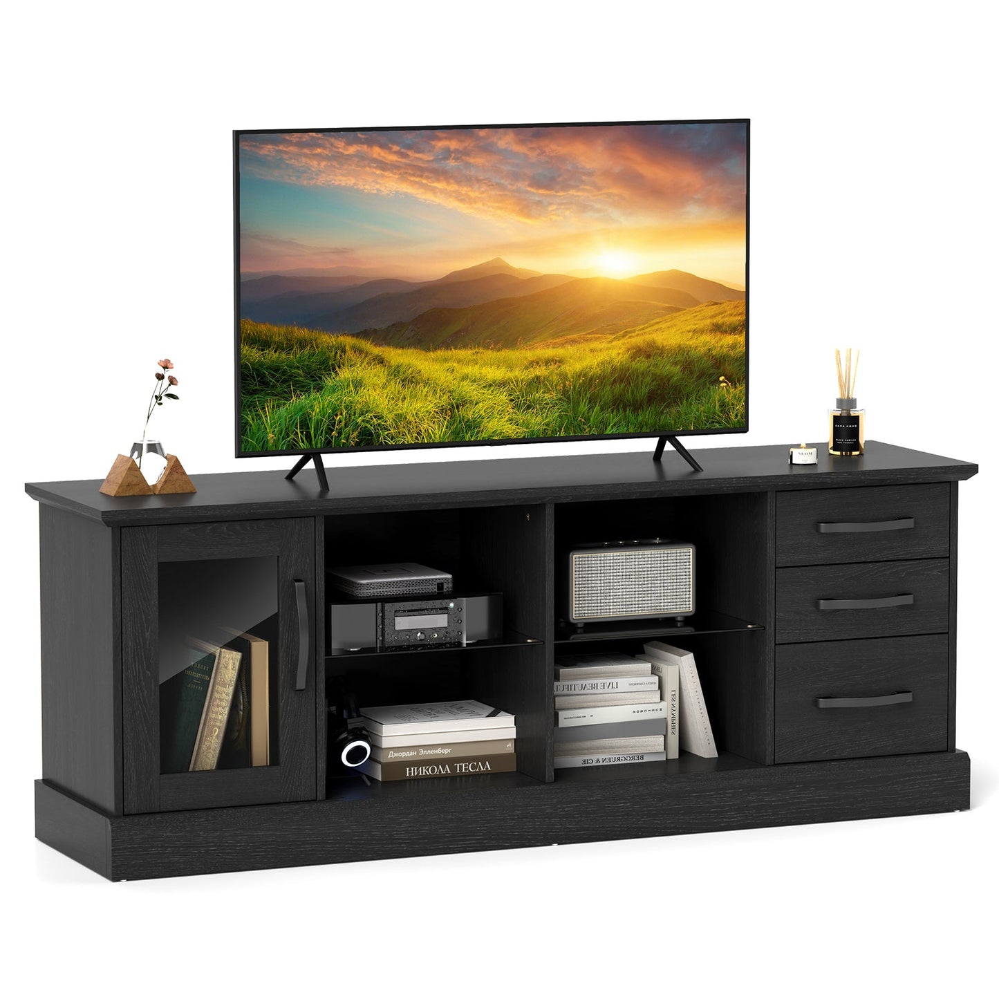 Mesa Consola de TV de 63 Pulgadas con 3 Cajones y 2 Estantes de Vidrio - Negra