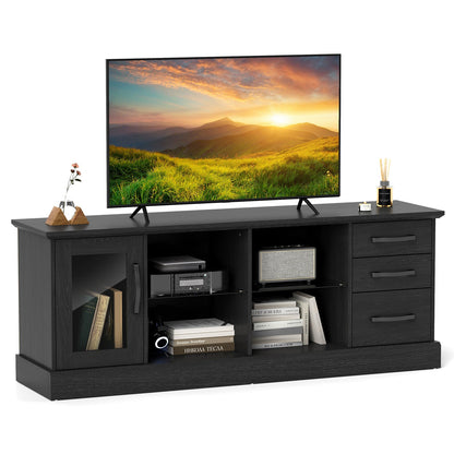 Mesa Consola de TV de 63 Pulgadas con 3 Cajones y 2 Estantes de Vidrio - Negra