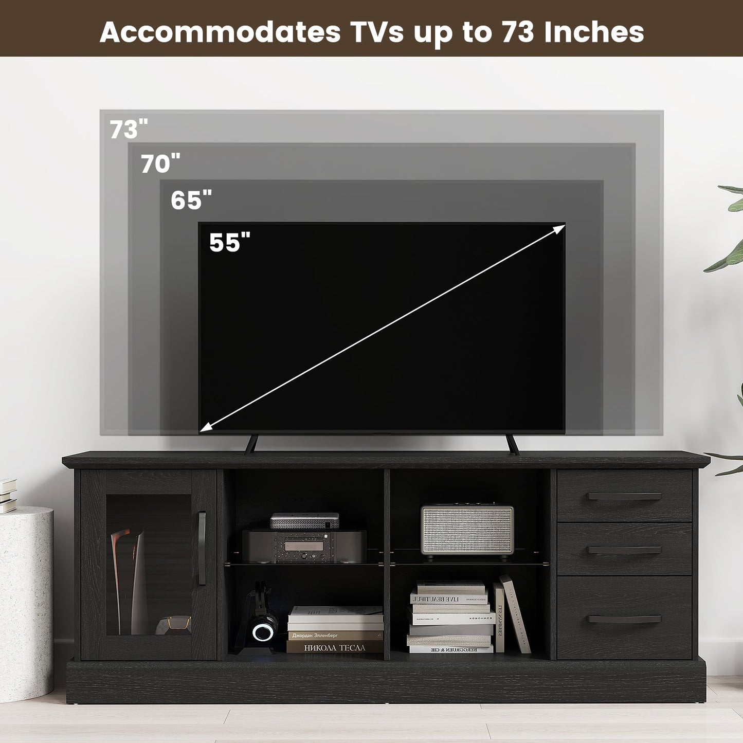 Mesa Consola de TV de 63 Pulgadas con 3 Cajones y 2 Estantes de Vidrio - Negra