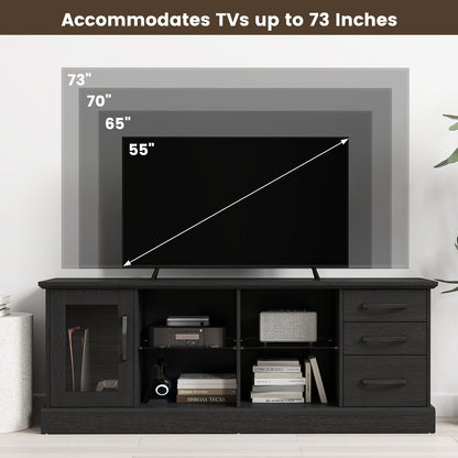 Mesa Consola de TV de 63 Pulgadas con 3 Cajones y 2 Estantes de Vidrio - Negra