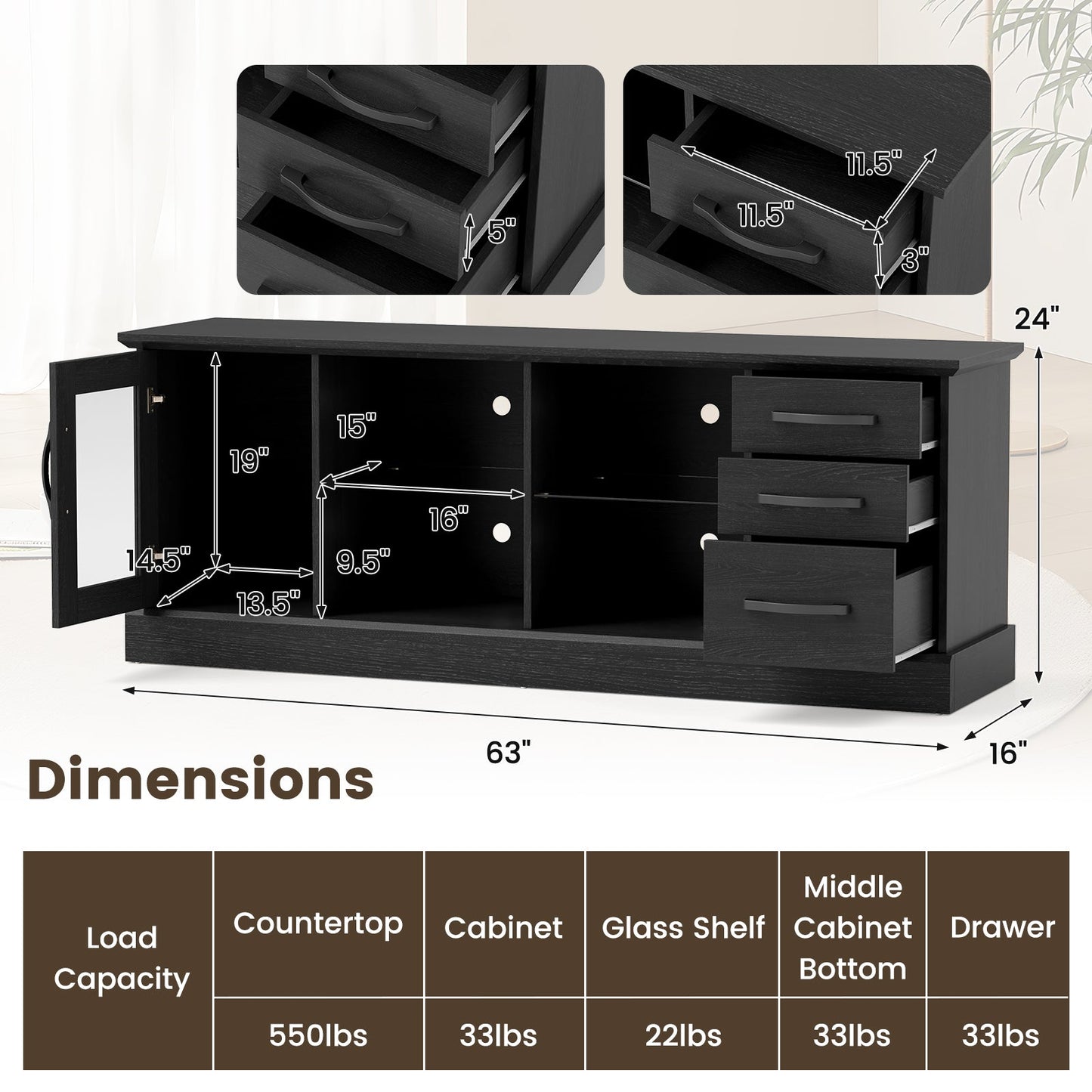 Mesa Consola de TV de 63 Pulgadas con 3 Cajones y 2 Estantes de Vidrio - Negra