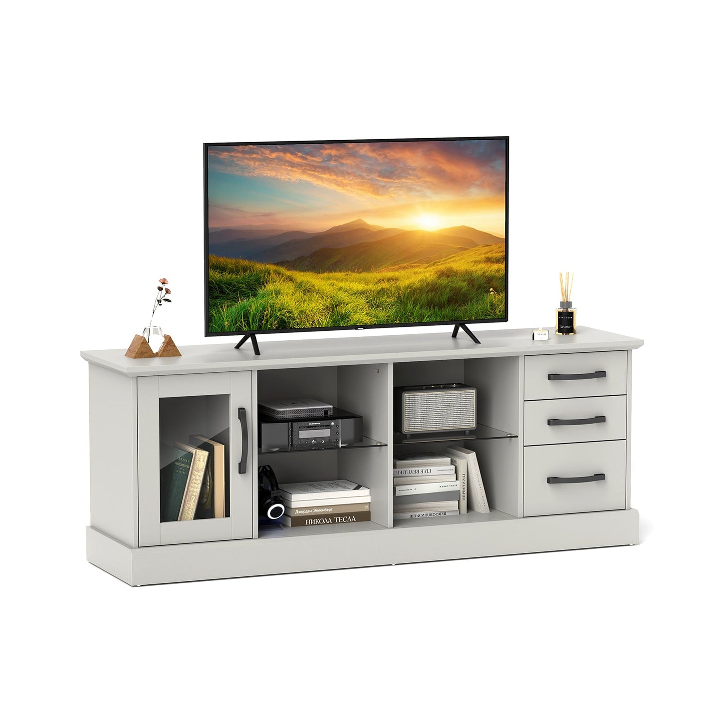 Mesa Consola de TV de 63 Pulgadas con 3 Cajones y 2 Estantes de Vidrio - Negra