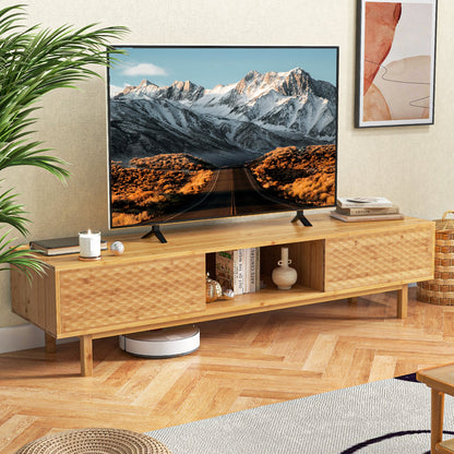 Mueble de TV de bambú moderno de mediados de siglo de 63 pulgadas con puertas corredizas - Natural