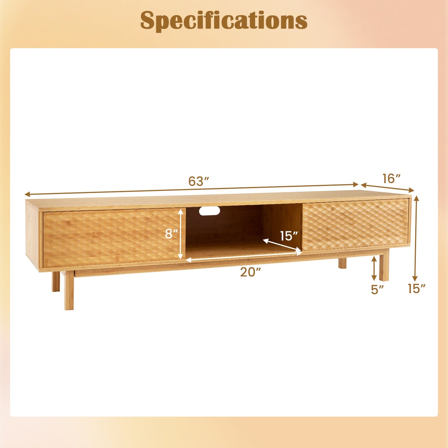 Mueble de TV de bambú moderno de mediados de siglo de 63 pulgadas con puertas corredizas - Natural