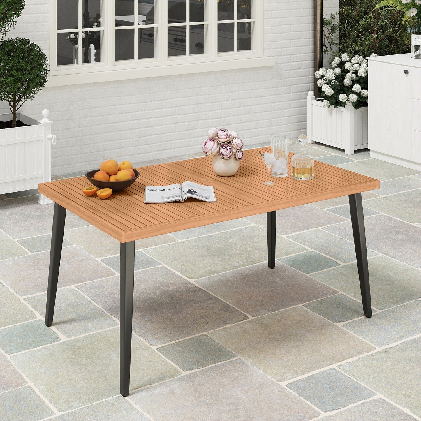 63 Inches Outdoor Indoor Dining Table with 1.97 Inches Umbrella Hole and Metal Legs