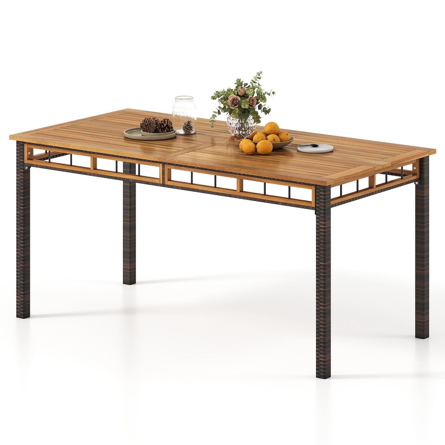 63" Outdoor Dining Table with Acacia Wood Slatted Tabletop