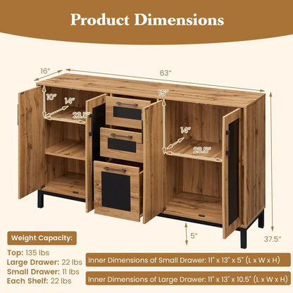63 Inch Sideboard Buffet Cabinet with 3 Drawers