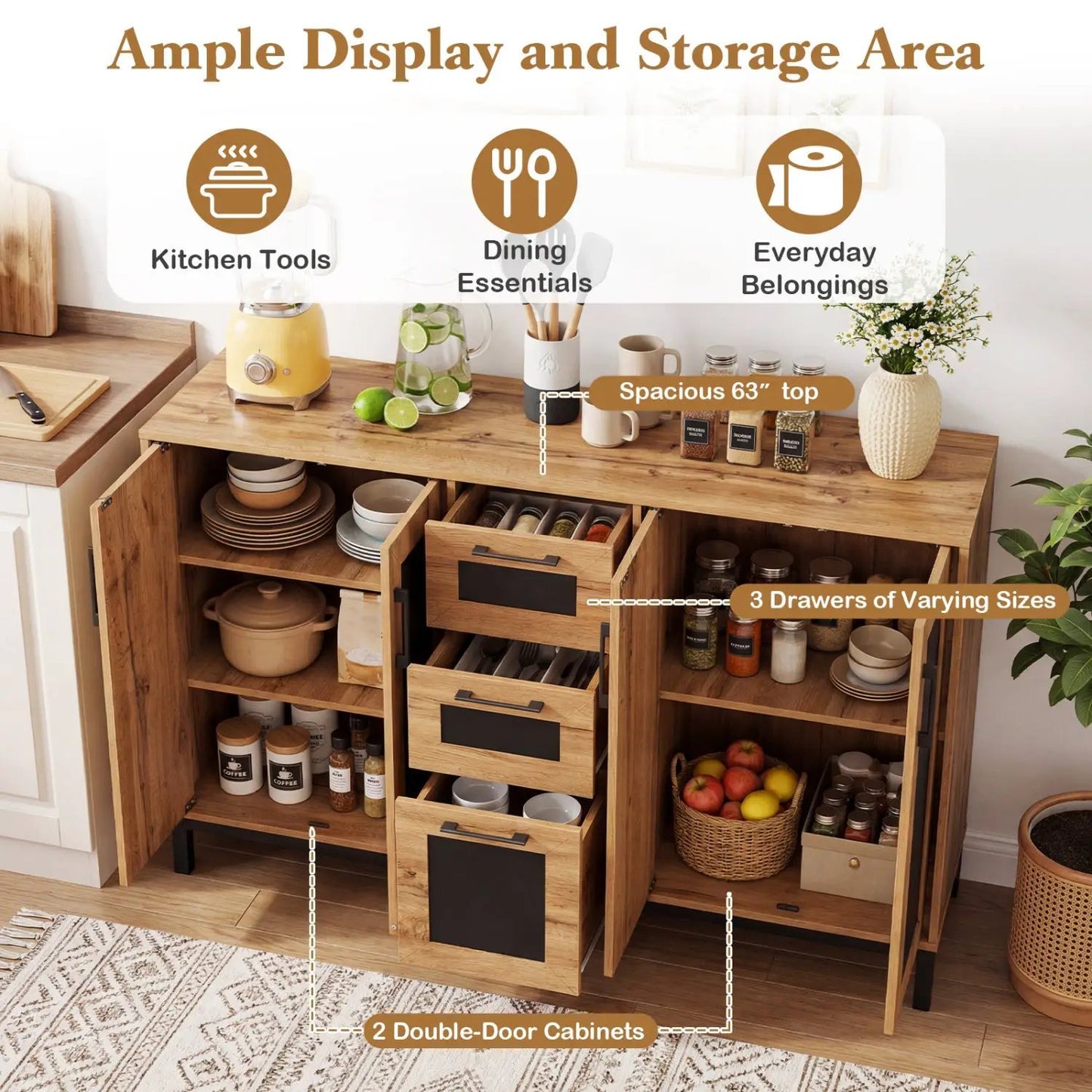 63 Inch Sideboard Buffet Cabinet with 3 Drawers
