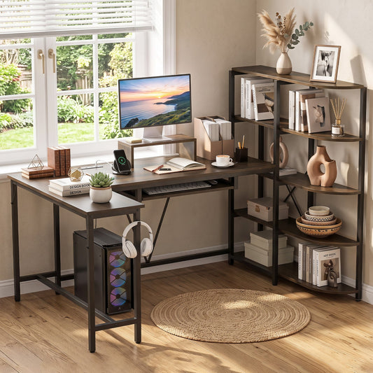 63 inch U-Shaped Desk with power outlets & bookshelf, top, black metal frame DirectDeals on Tampa Home & Garden Store