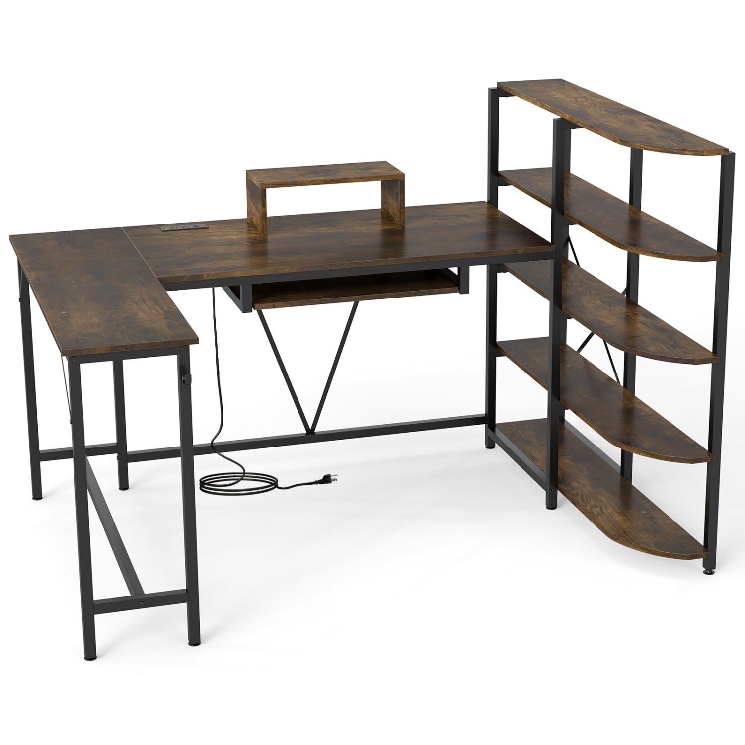 63-inch U-shaped desk with walnut finish, black metal frame, built-in power outlets, and right bookshelf on Tampa Home & Garden Store