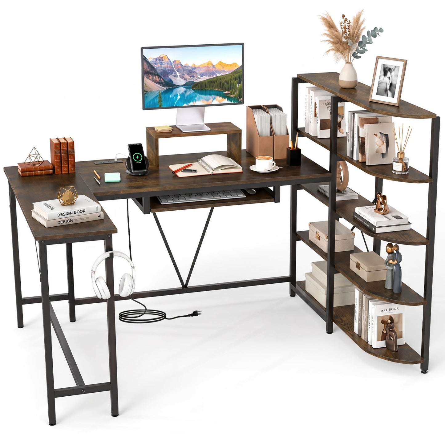 63-inch U-shaped desk with power outlets and bookshelf, dark wood top black metal frame on Tampa Home & Garden Store