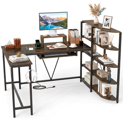 63-inch U-shaped desk with power outlets and bookshelf, dark wood top black metal frame on Tampa Home & Garden Store
