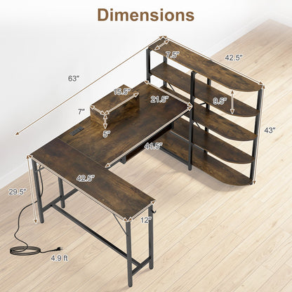 63-inch U-shaped office desk with power outlets and bookshelf, dark wood finish, DirectDeals on Tampa Home & Garden Store