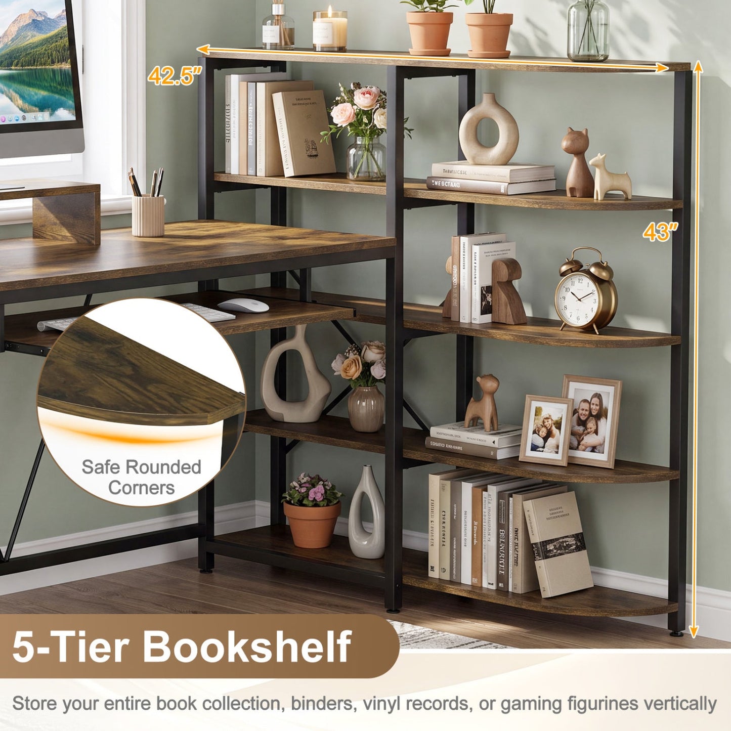 63in U‑shaped computer desk with power outlets and 5‑tier bookshelf DirectDeals dark wood finish on Tampa Home & Garden Store