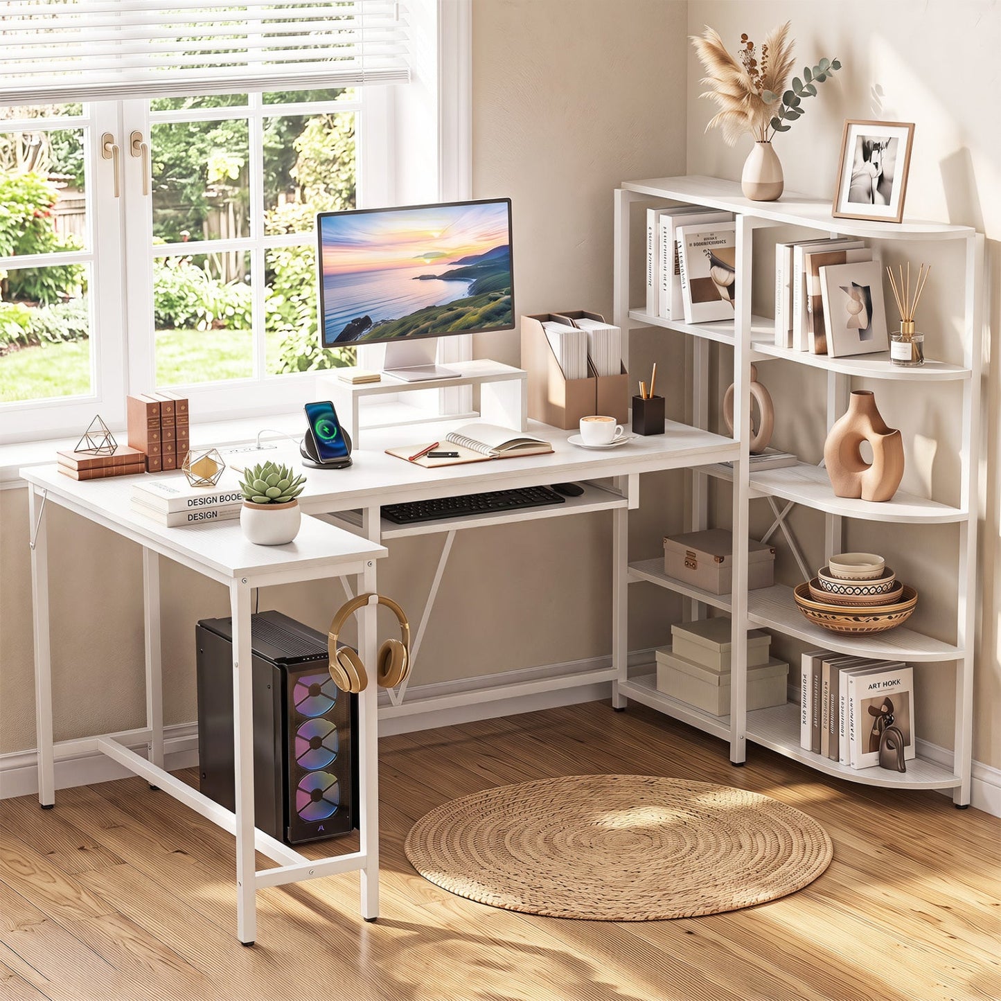 63-inch white U-shaped computer desk with built-in power outlets and bookshelf DirectDeals on Tampa Home & Garden Store