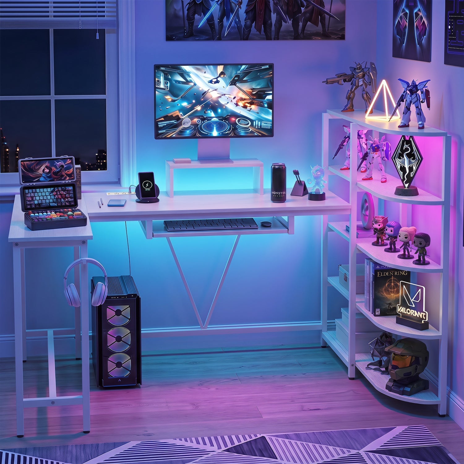 63in U-shaped computer desk with power outlets and bookshelf, white finish, DirectDeals on Tampa Home & Garden Store