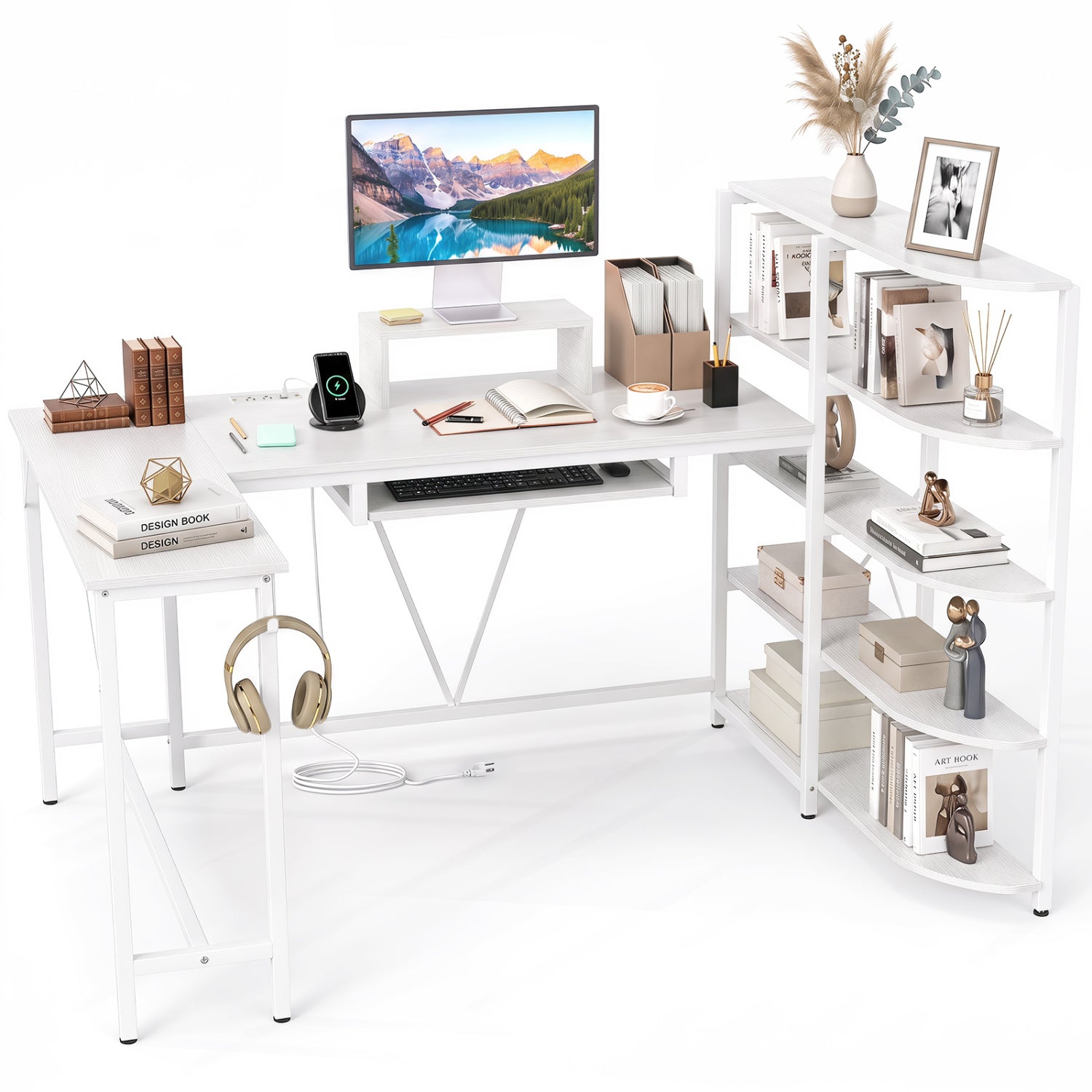 63-inch U-shaped white computer desk with power outlets and bookshelf by DirectDeals on Tampa Home & Garden Store