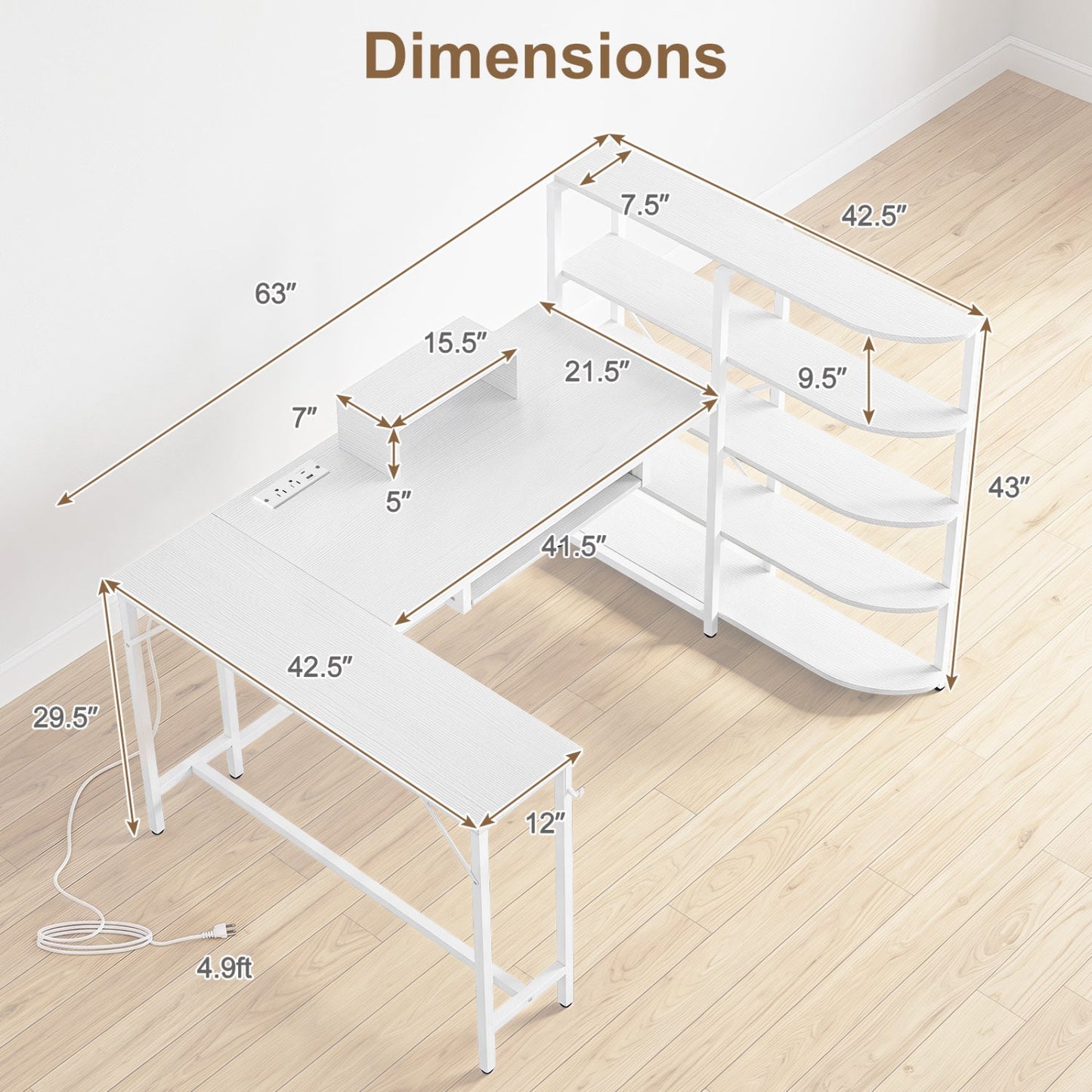 63-inch U-Shaped Computer Desk with Power Outlets & Bookshelf, white finish, DirectDeals on Tampa Home & Garden Store