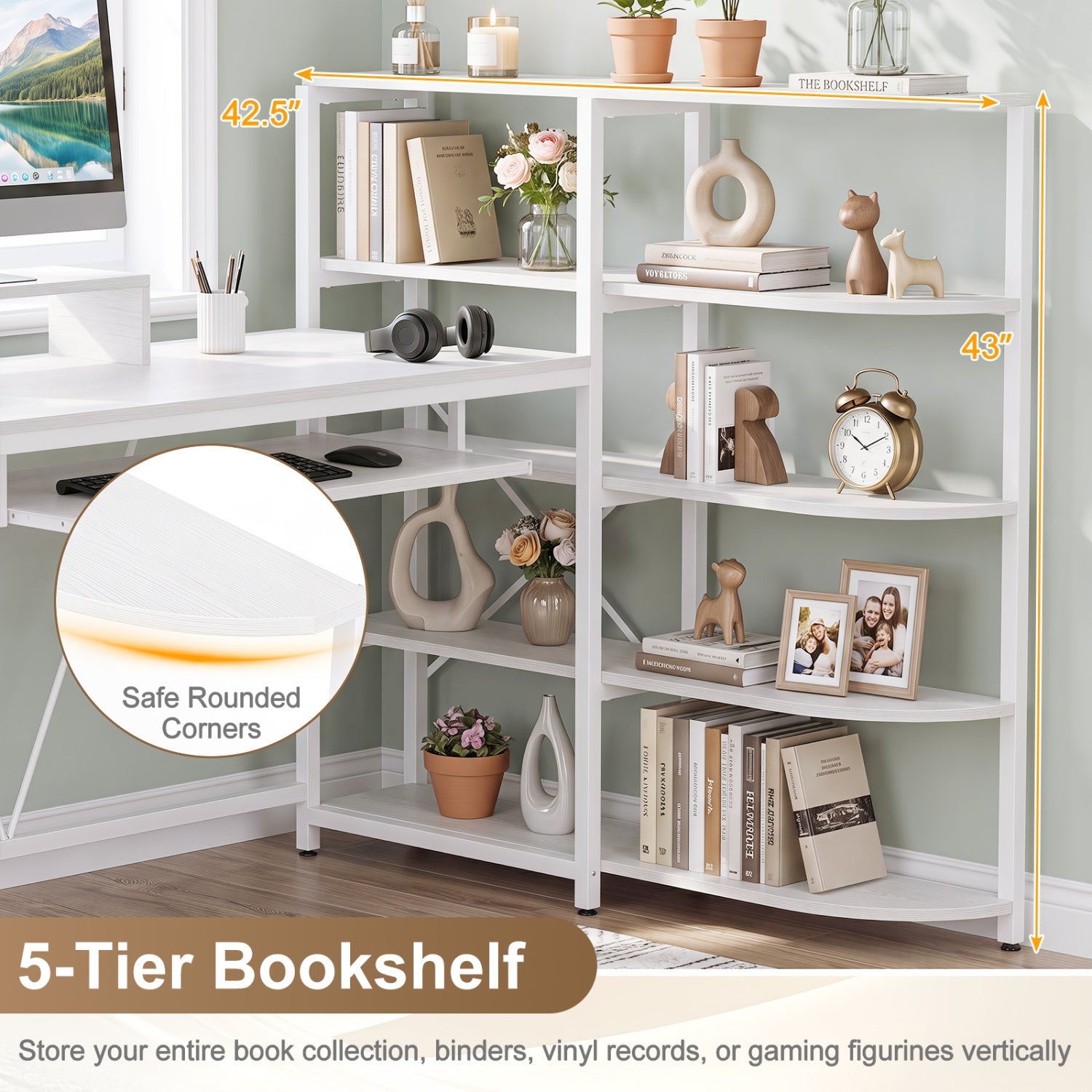 63-inch U-Shaped Desk with power outlets and 5-tier bookshelf by DirectDeals; white frame on Tampa Home & Garden Store