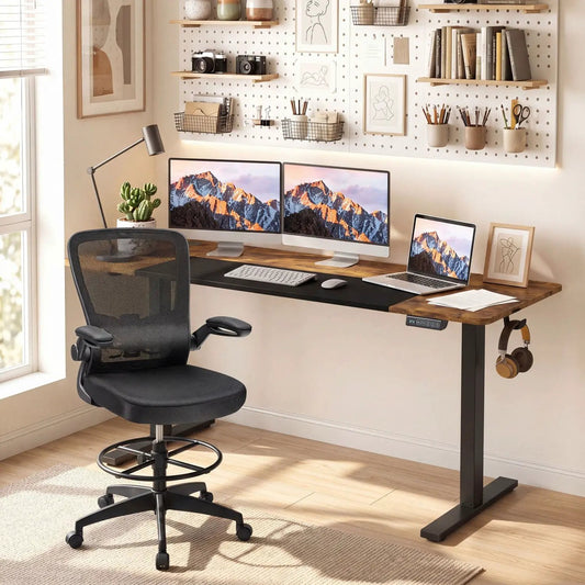 DirectDeals electric standing desk 63x24 in with memory presets; wood top, two monitors on Tampa Home & Garden Store