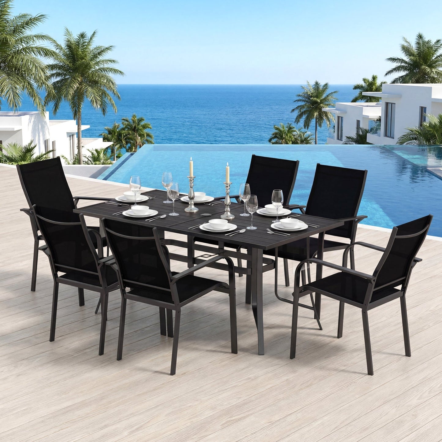 63x33 metal patio dining table with 6 black chairs, DirectDeals 7-piece dining set on Tampa Home & Garden Store