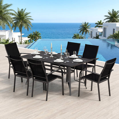 63x33 metal patio dining table with 6 black chairs, DirectDeals 7-piece dining set on Tampa Home & Garden Store