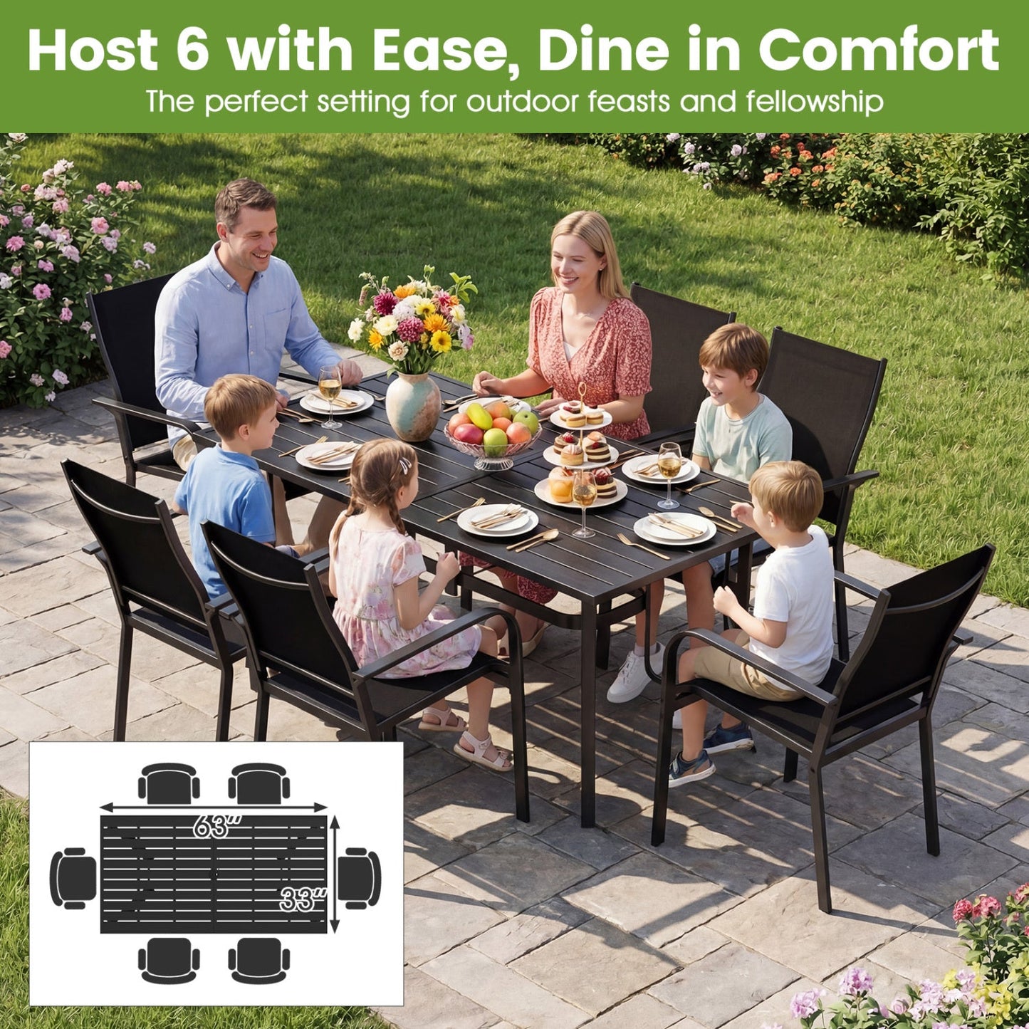 63x33in Rectangle Metal Patio Dining Table for 6 DirectDeals black powder-coated frame on Tampa Home & Garden Store
