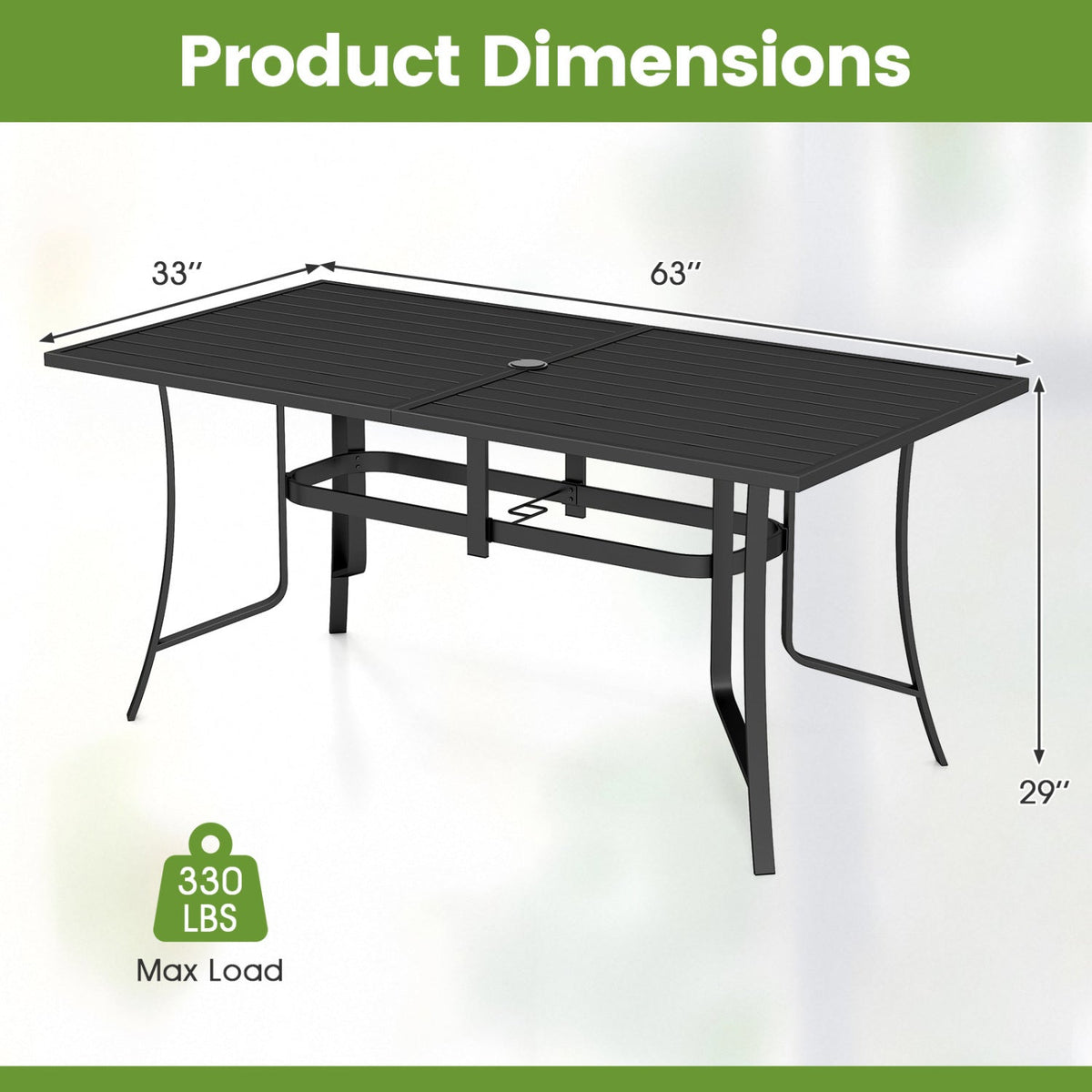 63x33 inch rectangle metal patio dining table for 6 by DirectDeals with black top on Tampa Home & Garden Store on Tampa Home & Garden Store
