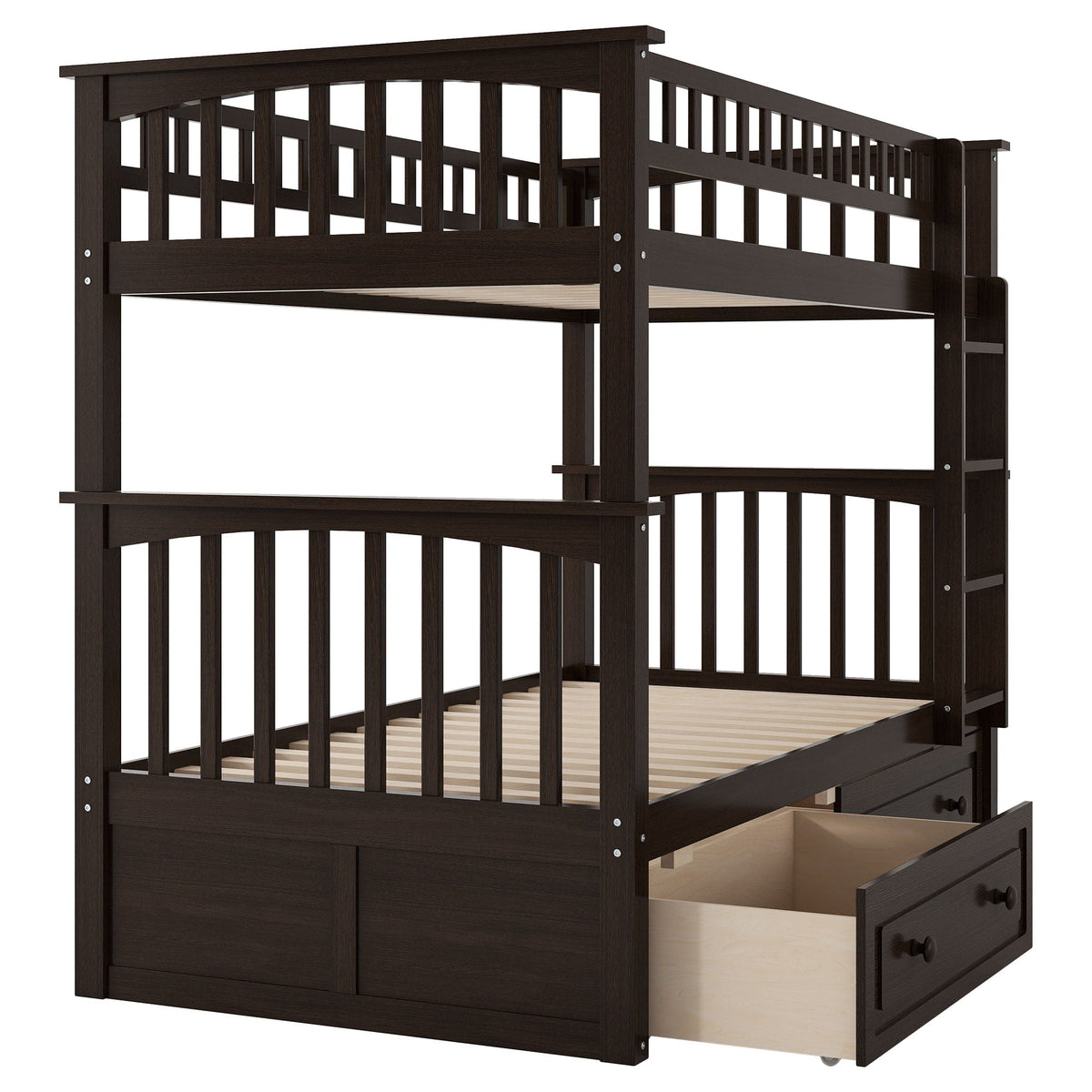Bunk bed with drawers in dark espresso finish, top bunk guard rails, convertible design on Tampa Home & Garden Store