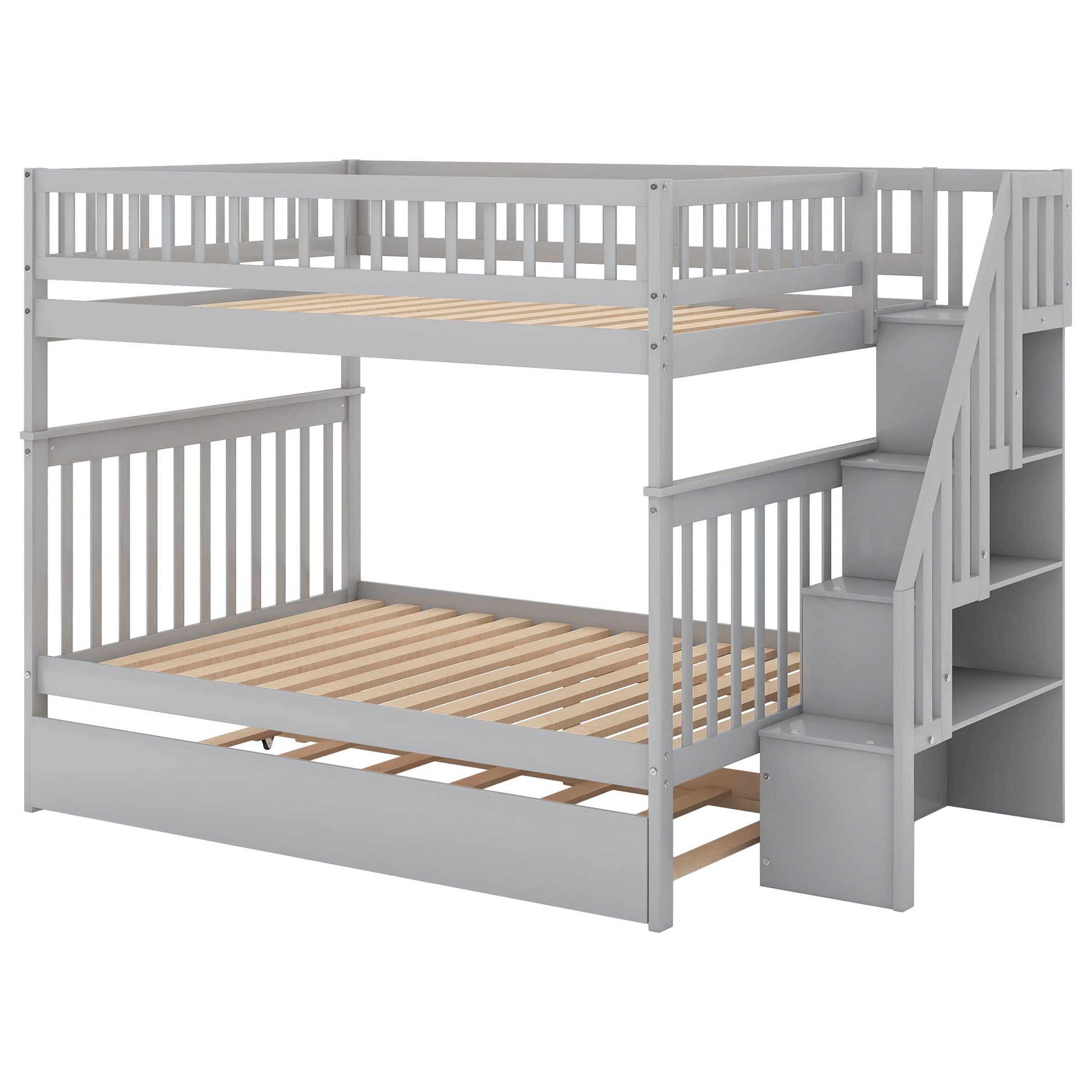 Bunk Bed With Staircase in gray by HouseOfZazla, twin-over-twin with slatted wood bases on Tampa Home & Garden Store