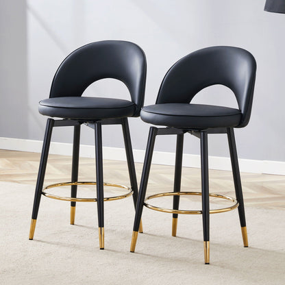 Pair of modern upholstered 360° rotatable bar stools with black seats and gold ring footrests on Tampa Home & Garden Store