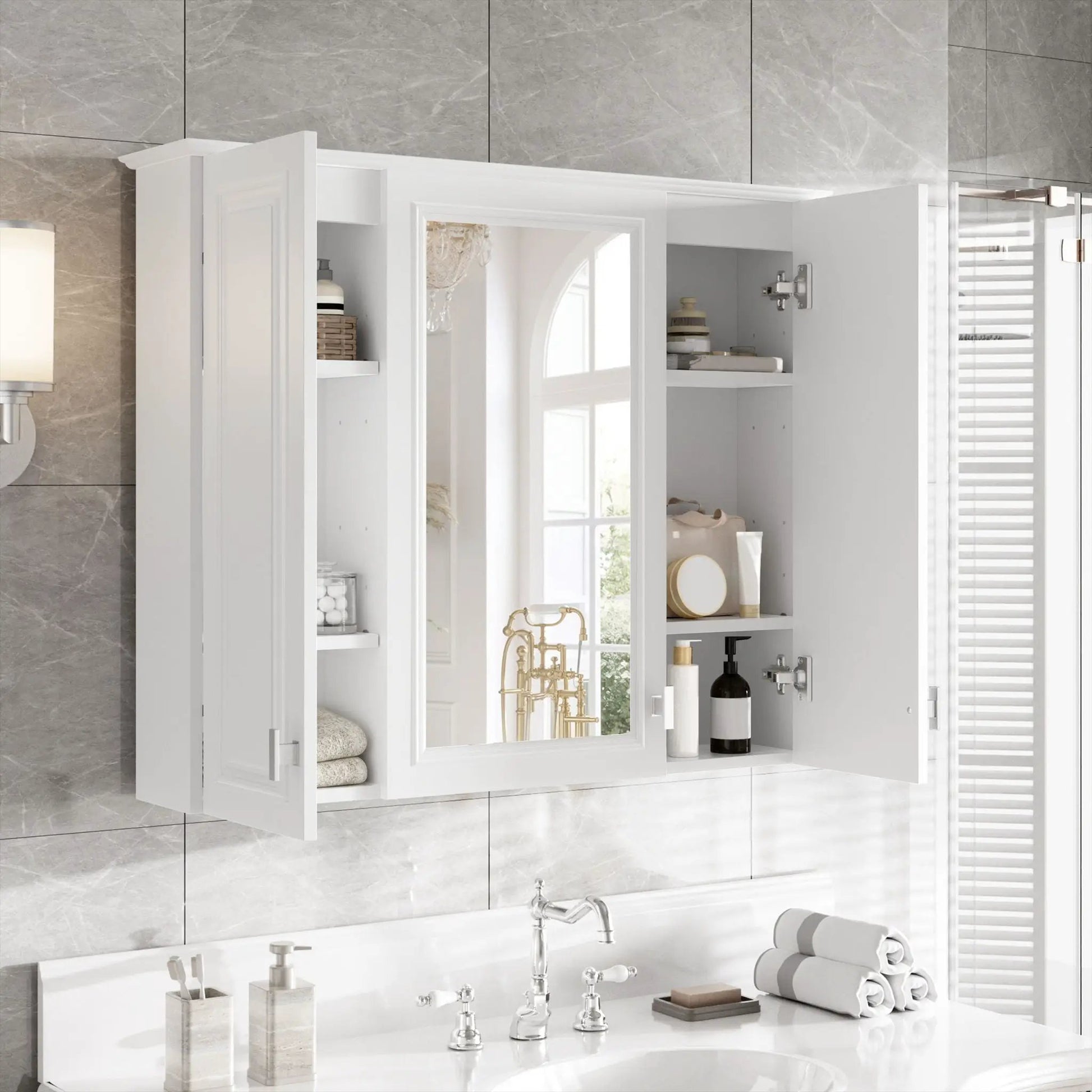 Wall mounted mirror cabinet with 5 adjustable shelves, white finish, by Unique Piece Furniture on Tampa Home & Garden Store