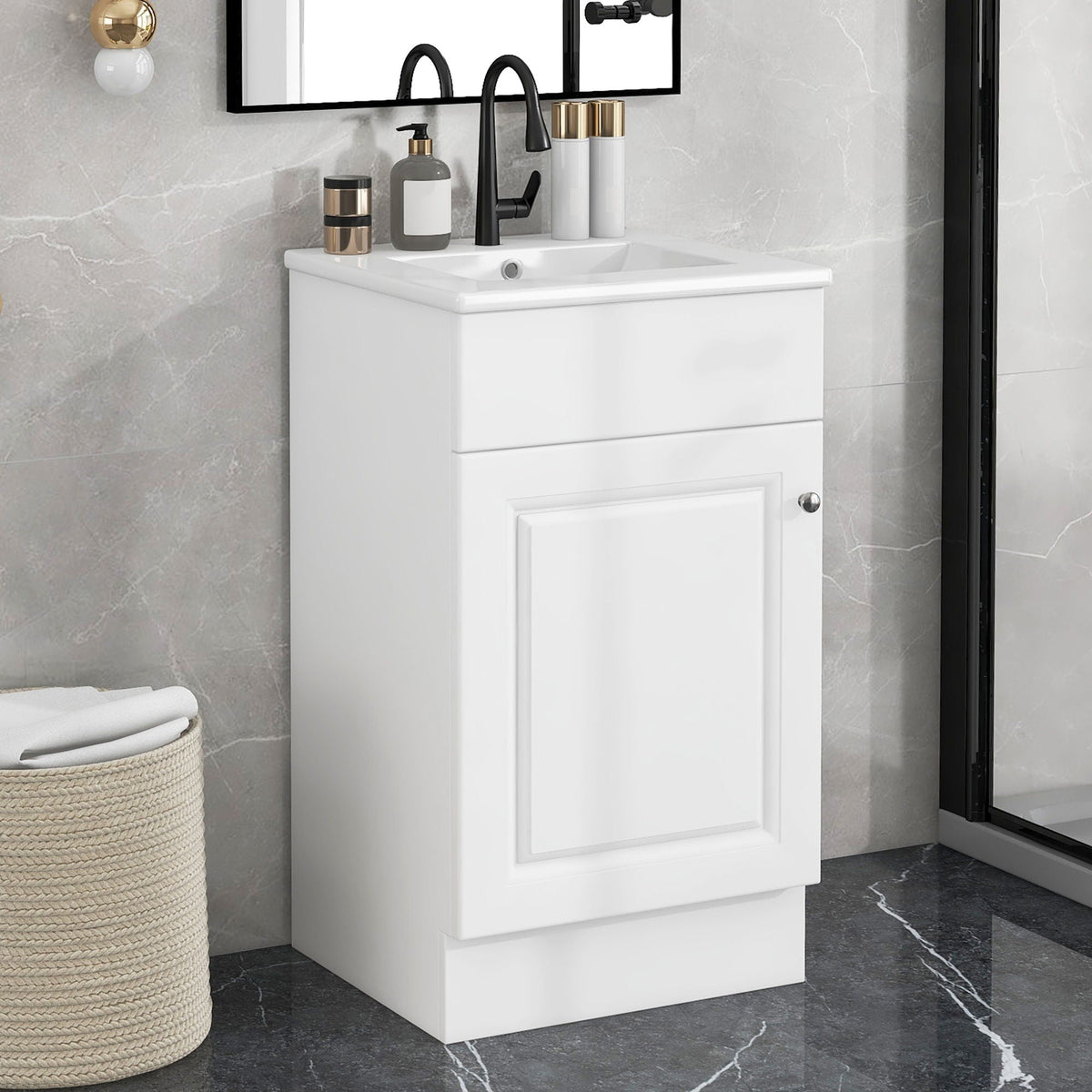 Bathroom vanity with sink, white cabinet, adjustable shelf, black faucet, HouseOfZazla on Tampa Home & Garden Store
