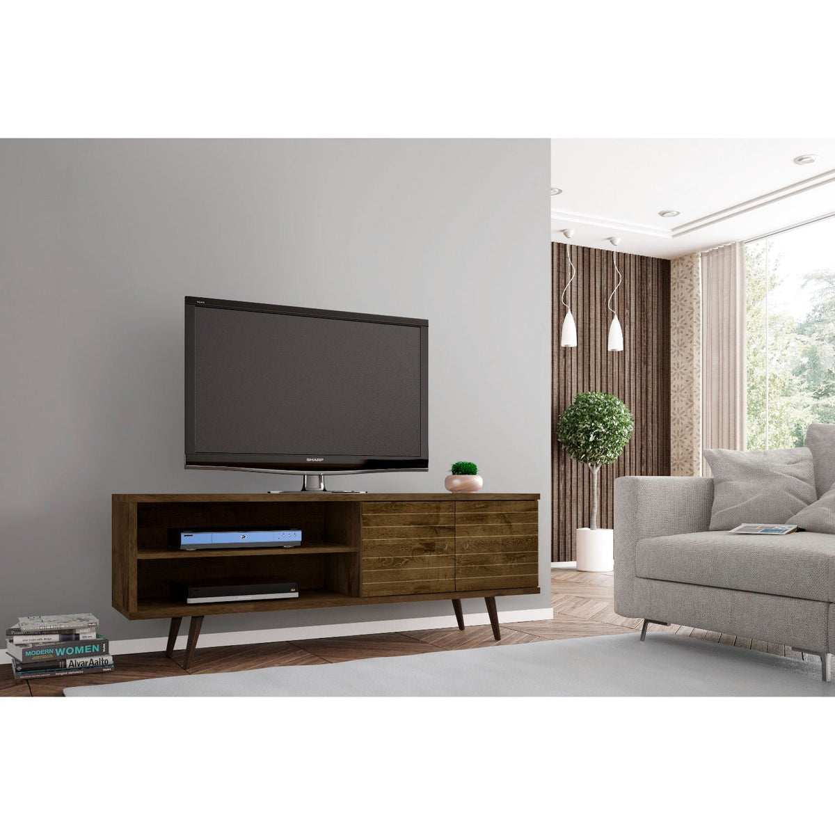 63in TV Stand with solid wood legs in dark brown finish with hidden storage and shelves on Tampa Home & Garden Store