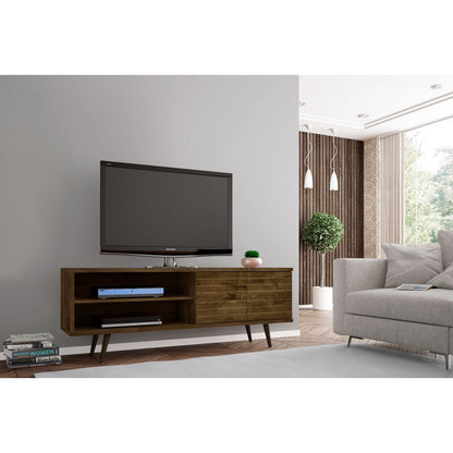 63in TV Stand with solid wood legs in dark brown finish with hidden storage and shelves on Tampa Home & Garden Store
