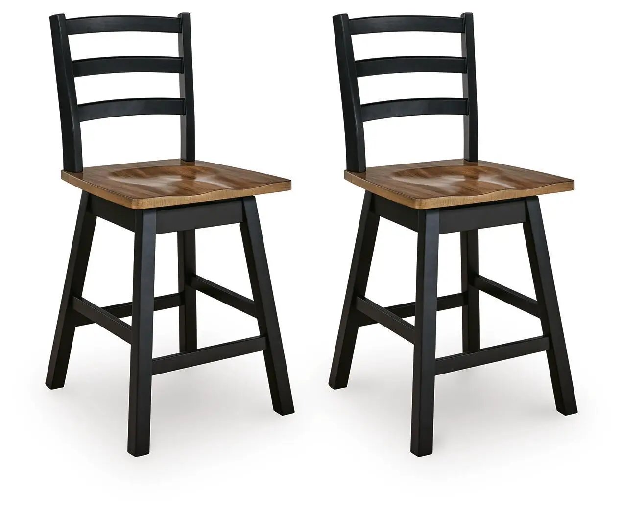 Wildenauer Swivel Stool pair with black ladder-back frames and wood seats on Tampa Home & Garden Store