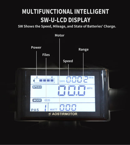 Electric fat-tire bike SW-U-LCD display with speed, odometer, battery status AOSTIRMOTOR branding on Tampa Home & Garden Store