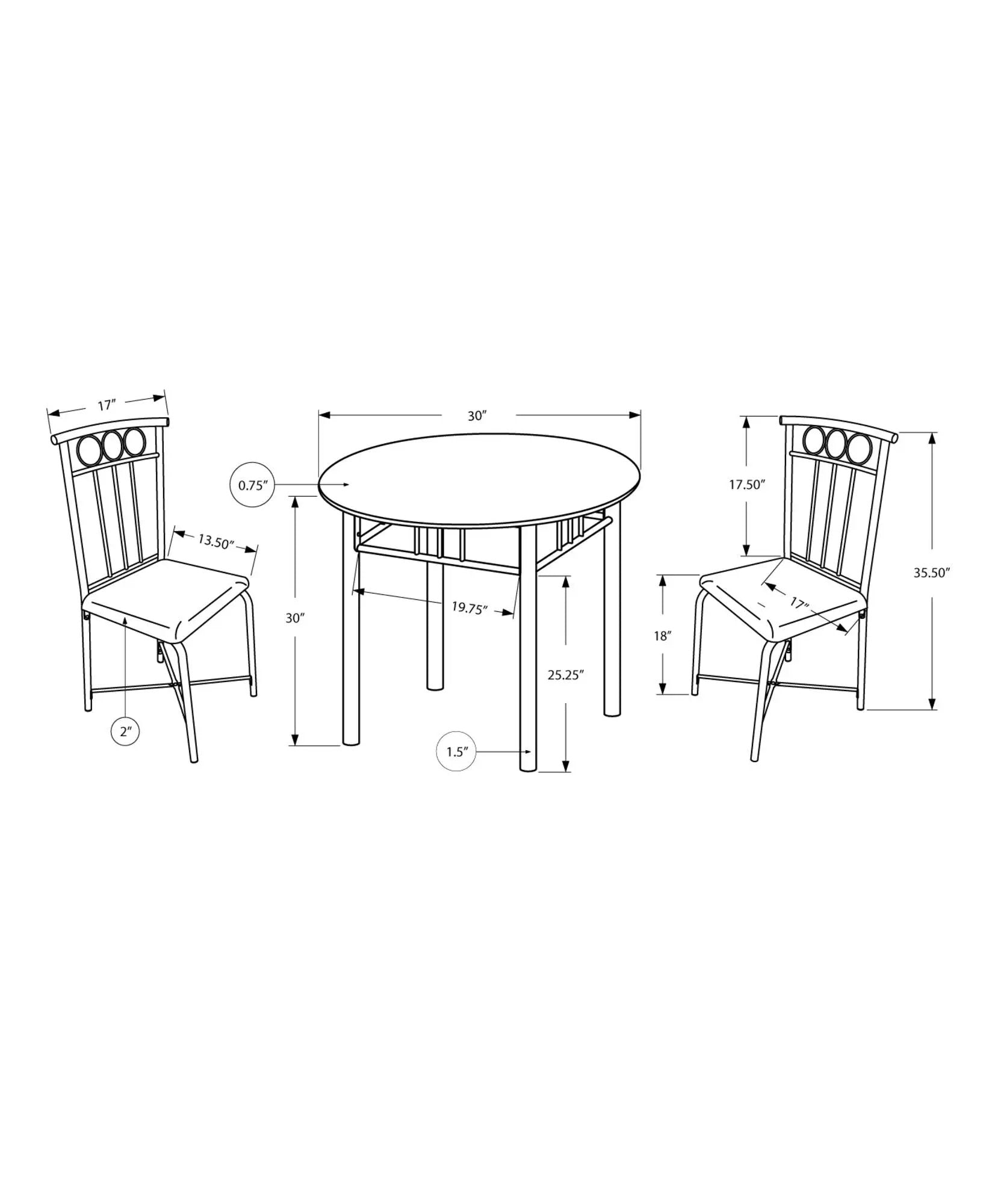 3-piece small round dining set with two chairs, contemporary blueprint shows 30-inch table on Tampa Home & Garden Store