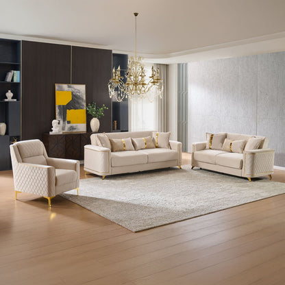 Three-piece upholstered living room set in beige fabric with gold-tone legs by HouseOfZazla on Tampa Home & Garden Store