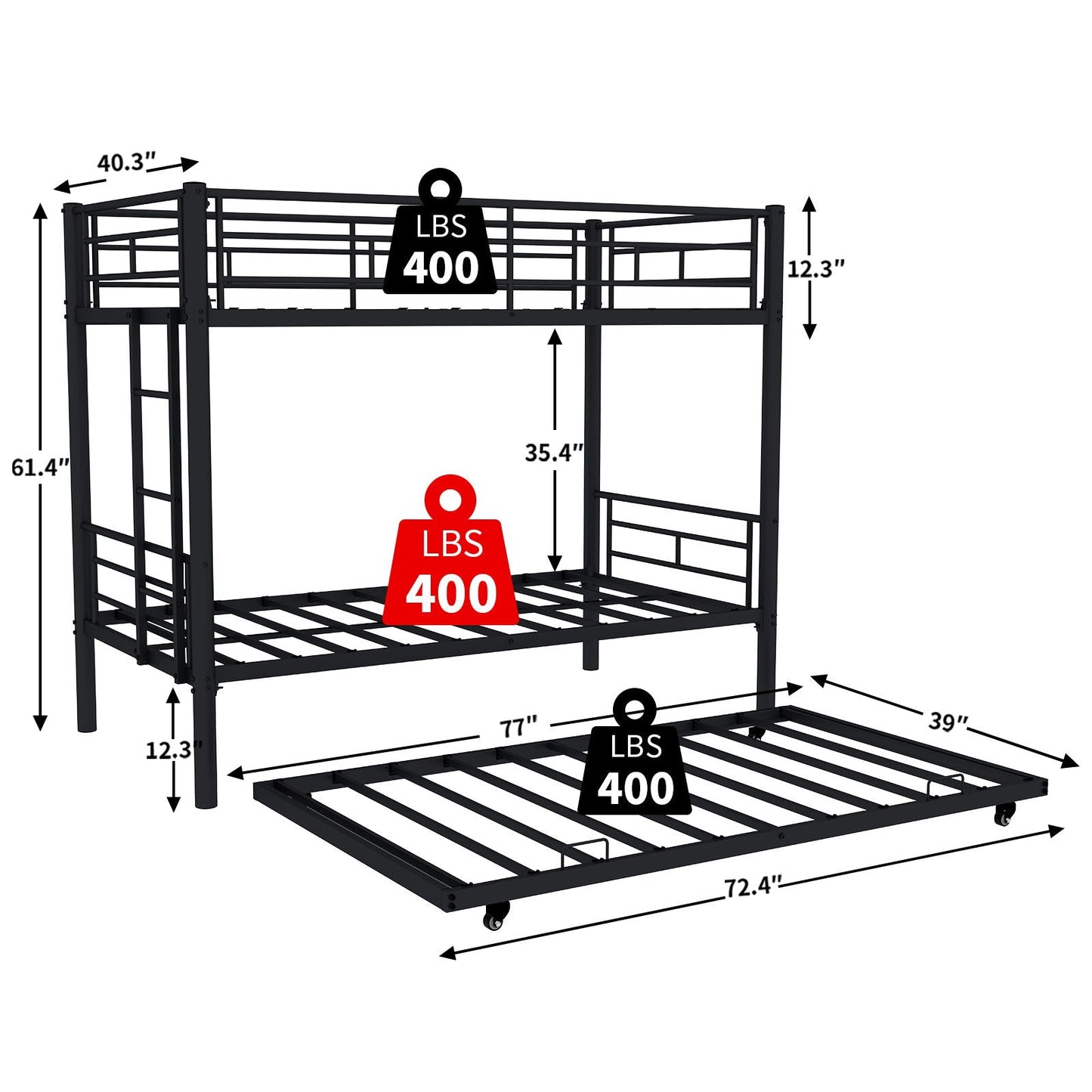 Metal Convertible Bunk Bed Frame with Guardrail
